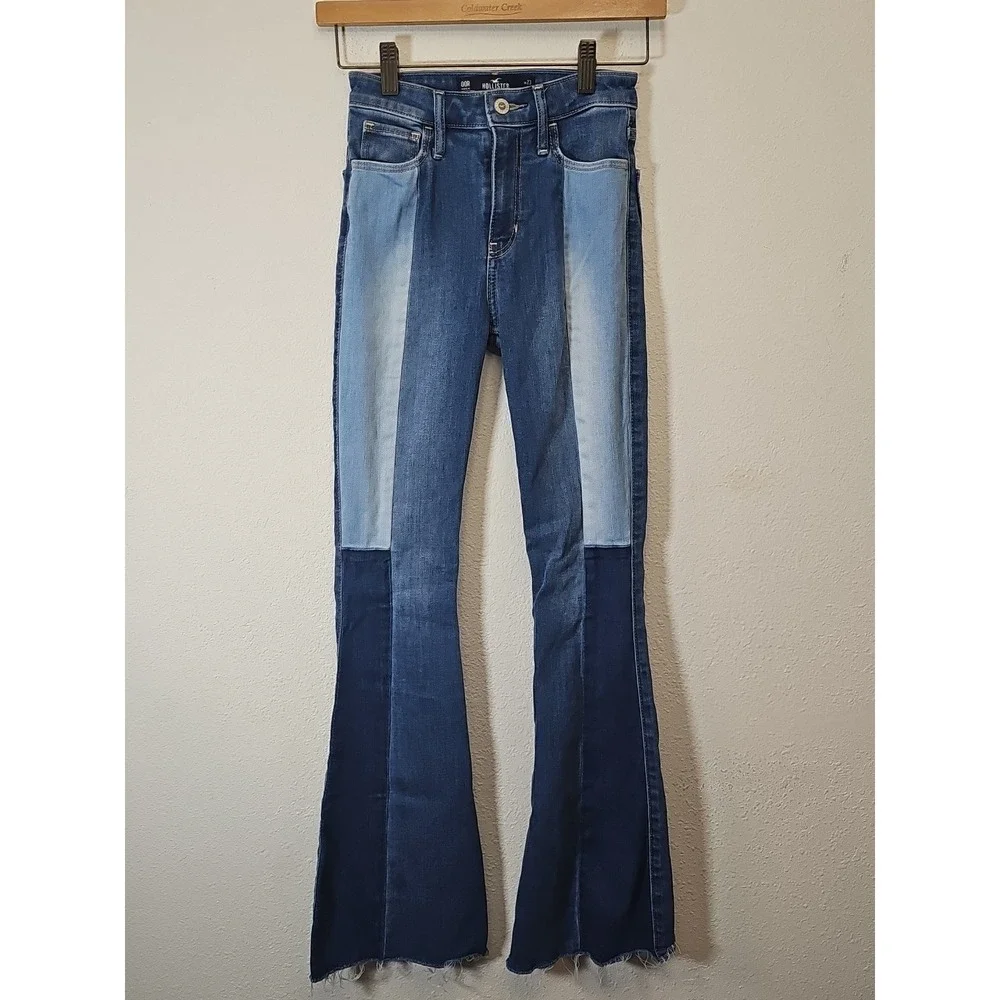 HOLLISTER HIGH-RISE MEDIUM‎ WASH PATCHWORK VINTAGE FLARE JEANS Size 00